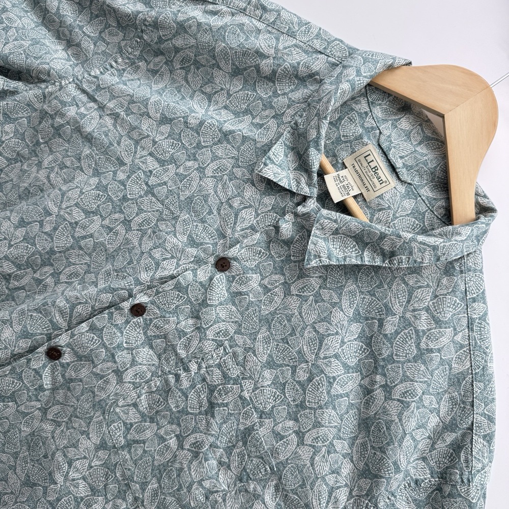 LL Bean Button Up Shirt Mens XXL Tall Teal Seashell Print Traditional Fit